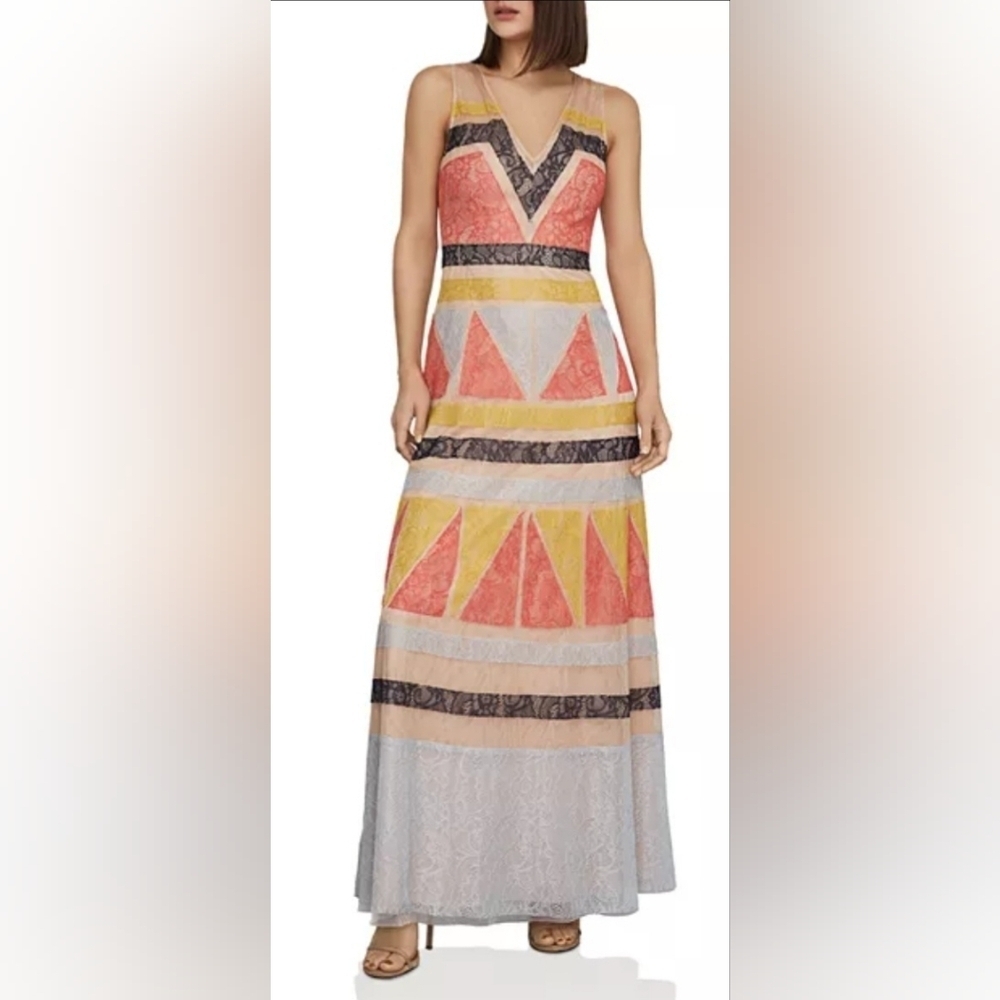 BCBG Max Azria Colorblock Lace Appliquรฉ Maxi Dress, VGUC, Size 4